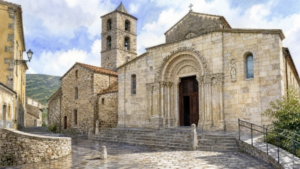 Agnone and Alto Molise: Complete Guide 4 Original documentary watercolour of Sant’Emidio: sculpture, devotion and the artisan town in Agnone and Alto Molise · Molise, showing accurate architecture, landscape and present-day use