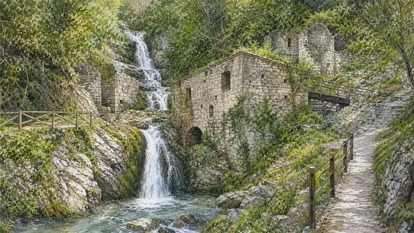 Agnone and Alto Molise: Complete Guide 11 Original documentary watercolour of Verrino waterfalls: water power below Agnone in Agnone and Alto Molise · Molise, showing accurate architecture, landscape and present-day use