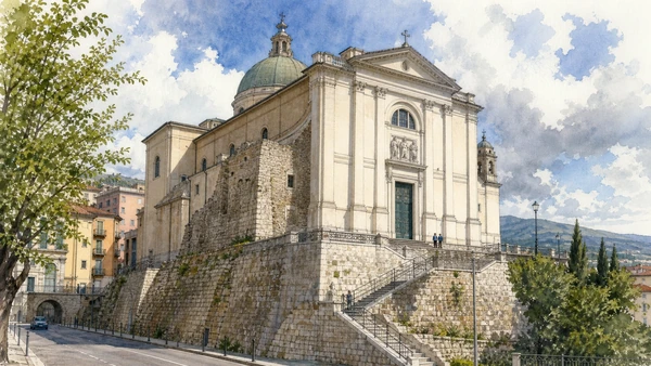 Campobasso and the Biferno: Complete Guide 8 Original documentary watercolour of Santissima Trinità Cathedral: rebuilding in the lower city in Campobasso and the Biferno · Molise, showing accurate architecture, landscape and present-day use