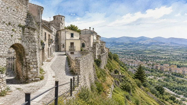 Campobasso and the Biferno: Complete Guide 10 Original documentary watercolour of Ferrazzano: a ridge village facing the capital in Campobasso and the Biferno · Molise, showing accurate architecture, landscape and present-day use