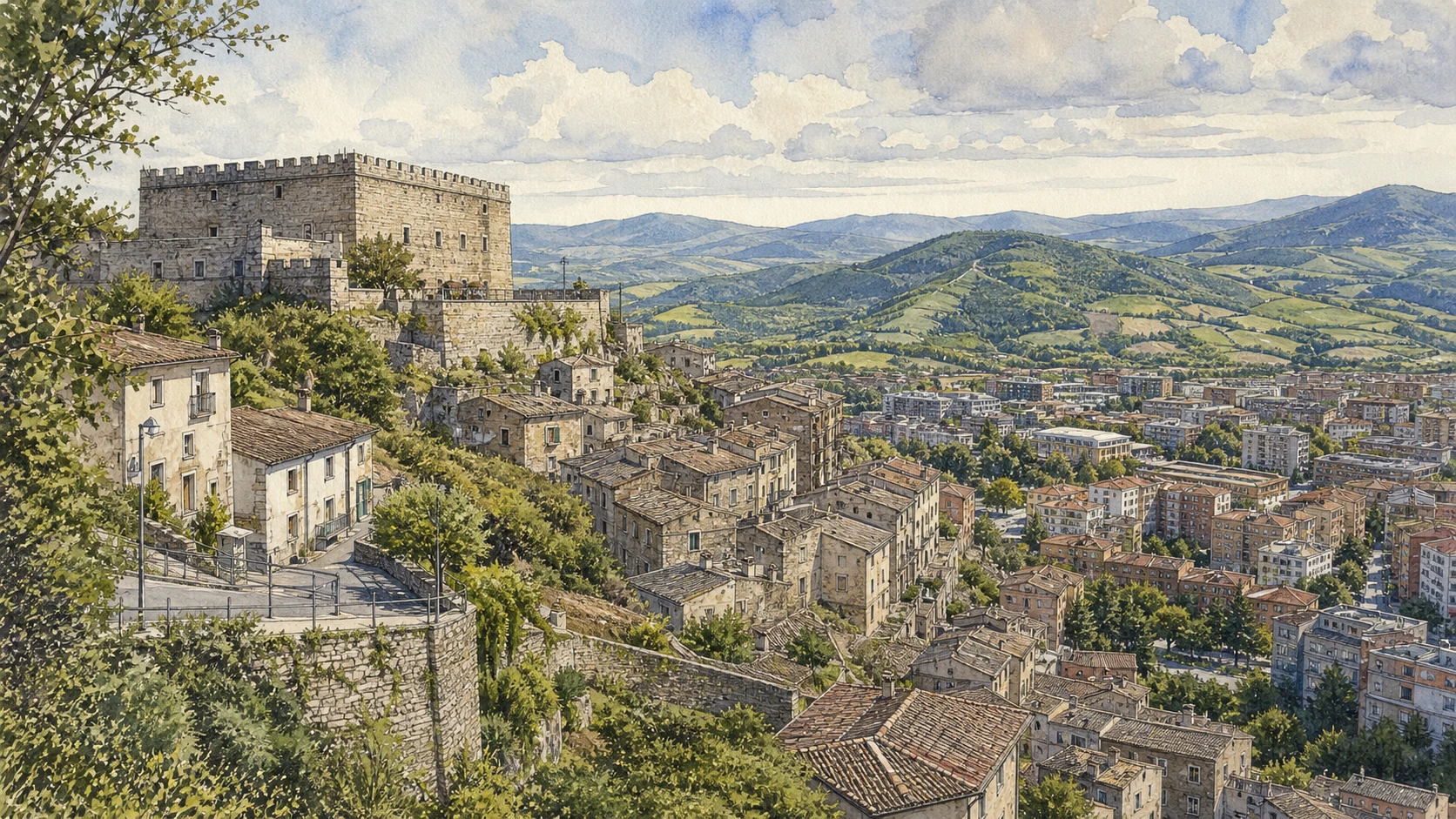 Campobasso and the Biferno: Complete Guide 1 Original documentary watercolour panorama for Campobasso and the Biferno: Complete Guide, with accurate Molisian architecture, landscape and lived context