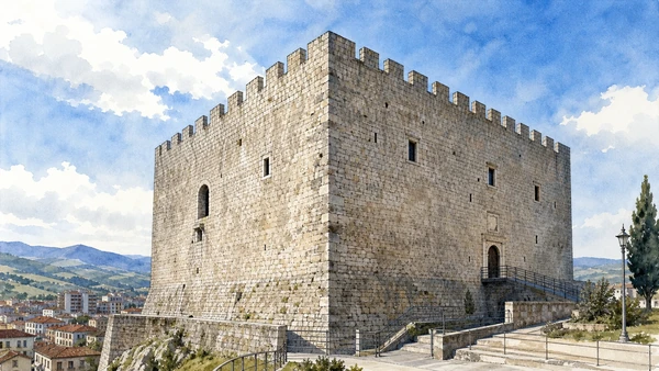 Campobasso and the Biferno: Complete Guide 2 Original documentary watercolour of Castello Monforte: the summit above the double city in Campobasso and the Biferno · Molise, showing accurate architecture, landscape and present-day use
