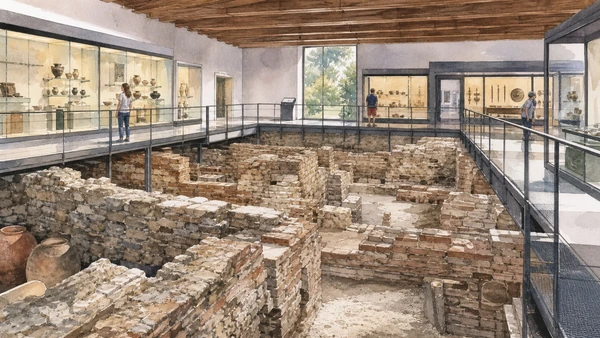 Campobasso and the Biferno: Complete Guide 5 Original documentary watercolour of Museo archeologico nazionale: Samnium through excavated evidence in Campobasso and the Biferno · Molise, showing accurate architecture, landscape and present-day use