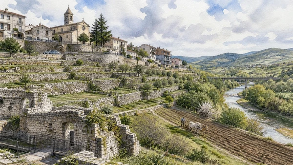 Campobasso and the Biferno: Complete Guide 11 Original documentary watercolour of Oratino and the Biferno slopes: stone, agriculture and river distance in Campobasso and the Biferno · Molise, showing accurate architecture, landscape and present-day use