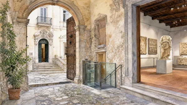 Campobasso and the Biferno: Complete Guide 6 Original documentary watercolour of Palazzo Pistilli: collecting, residence and national museum in Campobasso and the Biferno · Molise, showing accurate architecture, landscape and present-day use