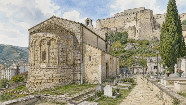 Campobasso and the Biferno: Complete Guide 3 Original documentary watercolour of San Giorgio: Romanesque stone below the castle in Campobasso and the Biferno · Molise, showing accurate architecture, landscape and present-day use