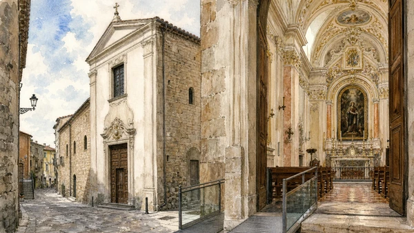 Campobasso and the Biferno: Complete Guide 4 Original documentary watercolour of Sant’Antonio Abate: Baroque interiors on a medieval street in Campobasso and the Biferno · Molise, showing accurate architecture, landscape and present-day use