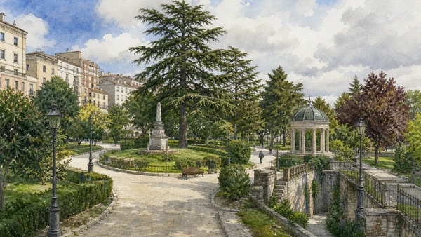 Campobasso and the Biferno: Complete Guide 9 Original documentary watercolour of Villa De Capoa: a public garden in the expanding city in Campobasso and the Biferno · Molise, showing accurate architecture, landscape and present-day use