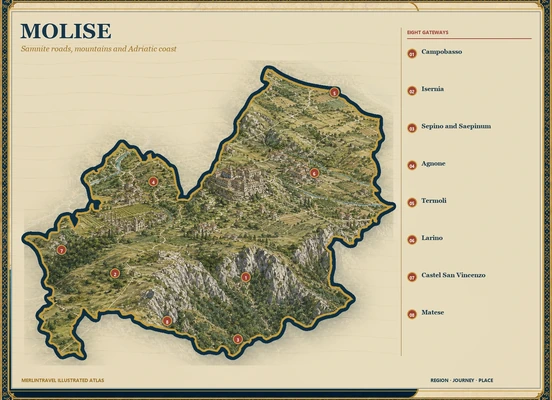 Illustrated map of Molise with eight numbered Merlintravel gateways
