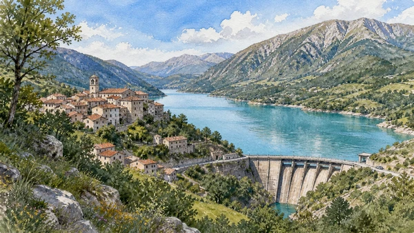 Isernia and the Upper Volturno: Complete Guide 11 Original documentary watercolour of Castel San Vincenzo: lake, village and Mainarde horizon in Isernia and the upper Volturno · Molise, showing accurate architecture, landscape and present-day use