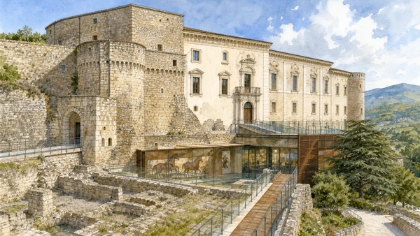 Isernia and the Upper Volturno: Complete Guide 7 Original documentary watercolour of Castello Pandone: fortress, painted horses and national museum in Isernia and the upper Volturno · Molise, showing accurate architecture, landscape and present-day use