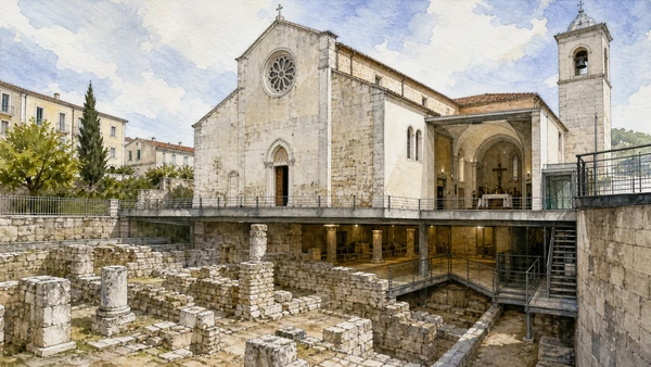 Isernia and the Upper Volturno: Complete Guide 4 Original documentary watercolour of San Pietro Cathedral: Roman ground beneath a rebuilt church in Isernia and the upper Volturno · Molise, showing accurate architecture, landscape and present-day use