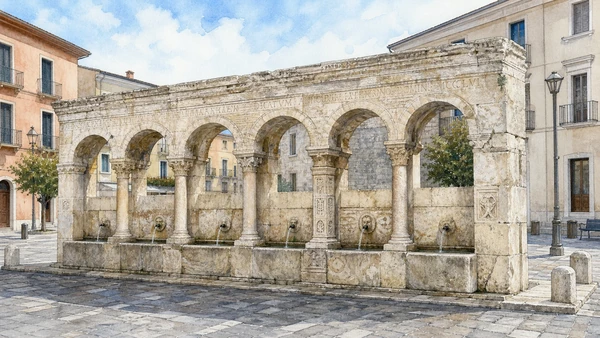 Isernia and the Upper Volturno: Complete Guide 3 Original documentary watercolour of Fontana Fraterna: reused stone and civic memory in Isernia and the upper Volturno · Molise, showing accurate architecture, landscape and present-day use