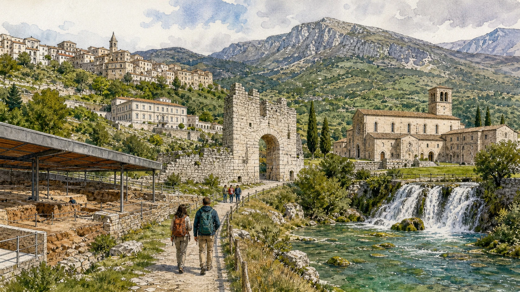 Isernia and the Upper Volturno: Complete Guide 1 Original documentary watercolour panorama for Isernia and the Upper Volturno: Complete Guide, with accurate Molisian architecture, landscape and lived context