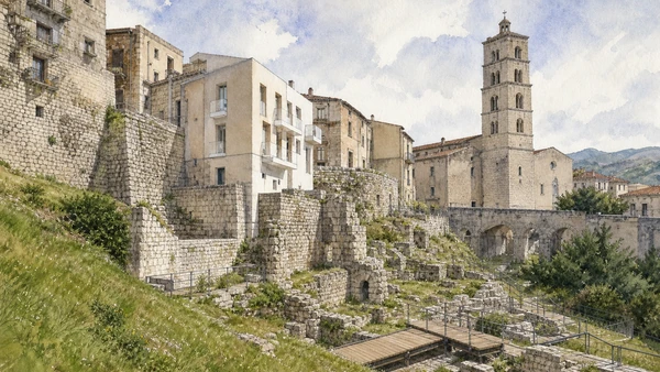 Isernia and the Upper Volturno: Complete Guide 6 Original documentary watercolour of Isernia’s historic spine: rebuilding after rupture in Isernia and the upper Volturno · Molise, showing accurate architecture, landscape and present-day use