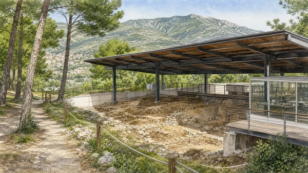 Isernia and the Upper Volturno: Complete Guide 2 Original documentary watercolour of Isernia La Pineta: archaeology at the place of discovery in Isernia and the upper Volturno · Molise, showing accurate architecture, landscape and present-day use