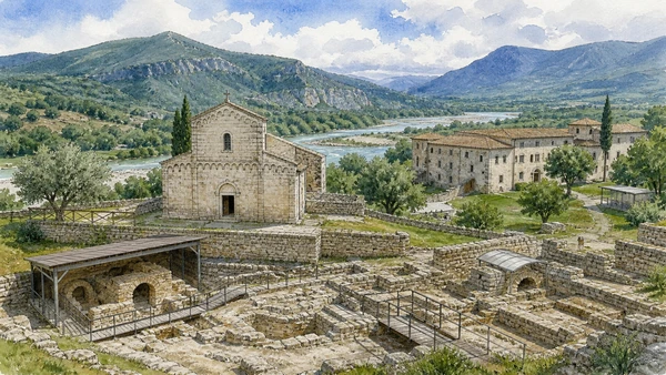 Isernia and the Upper Volturno: Complete Guide 10 Original documentary watercolour of San Vincenzo al Volturno: monastery across a river plain in Isernia and the upper Volturno · Molise, showing accurate architecture, landscape and present-day use