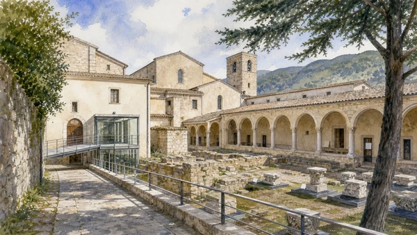 Isernia and the Upper Volturno: Complete Guide 5 Original documentary watercolour of Santa Maria delle Monache: monastery, museum and civic archive in Isernia and the upper Volturno · Molise, showing accurate architecture, landscape and present-day use