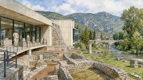 Isernia and the Upper Volturno: Complete Guide 9 Original documentary watercolour of Venafro archaeological museum: town, water and Roman memory in Isernia and the upper Volturno · Molise, showing accurate architecture, landscape and present-day use