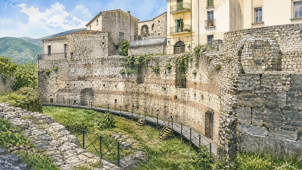 Isernia and the Upper Volturno: Complete Guide 8 Original documentary watercolour of Verlasce: the Roman amphitheatre inside Venafro in Isernia and the upper Volturno · Molise, showing accurate architecture, landscape and present-day use