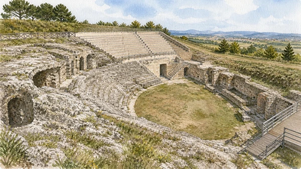 Larino and Lower Molise: Complete Guide 2 Original documentary watercolour of Larinum amphitheatre: spectacle cut into tuff in Larino and Lower Molise · Molise, showing accurate architecture, landscape and present-day use