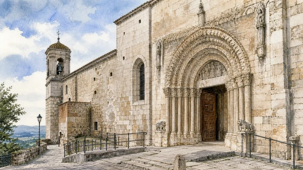 Larino and Lower Molise: Complete Guide 5 Original documentary watercolour of Larino Cathedral: medieval sculpture in the upper town in Larino and Lower Molise · Molise, showing accurate architecture, landscape and present-day use