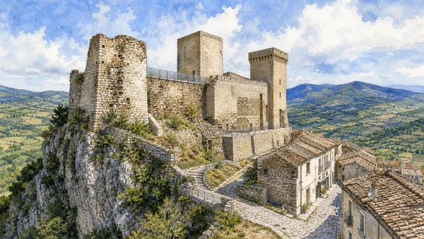 Larino and Lower Molise: Complete Guide 9 Original documentary watercolour of Civitacampomarano Castle: military geometry above a living village in Larino and Lower Molise · Molise, showing accurate architecture, landscape and present-day use