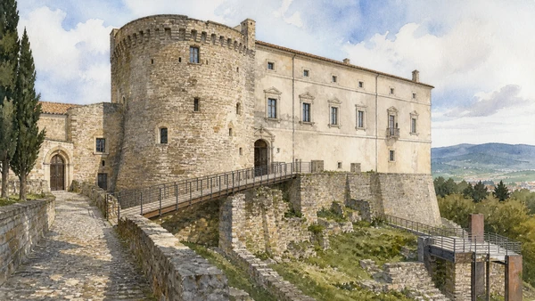 Larino and Lower Molise: Complete Guide 10 Original documentary watercolour of Castello di Capua at Gambatesa: fortress changed into a palace in Larino and Lower Molise · Molise, showing accurate architecture, landscape and present-day use