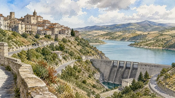 Larino and Lower Molise: Complete Guide 8 Original documentary watercolour of Guardialfiera and Lake Liscione: a town above modern water in Larino and Lower Molise · Molise, showing accurate architecture, landscape and present-day use