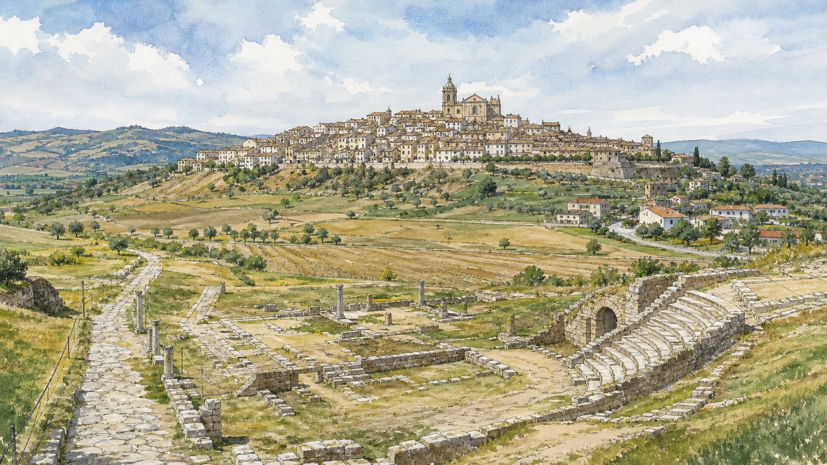 Larino and Lower Molise: Complete Guide 1 Original documentary watercolour panorama for Larino and Lower Molise: Complete Guide, with accurate Molisian architecture, landscape and lived context