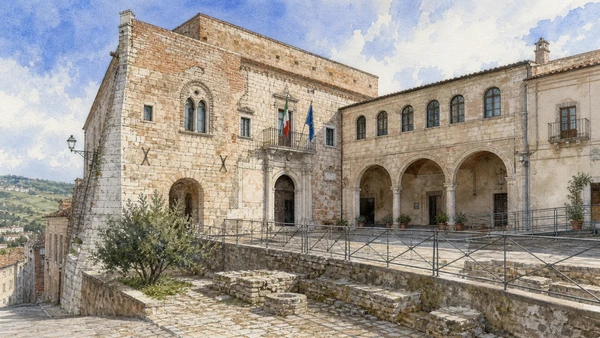 Larino and Lower Molise: Complete Guide 6 Original documentary watercolour of Palazzo Ducale: government, collections and civic reuse in Larino and Lower Molise · Molise, showing accurate architecture, landscape and present-day use