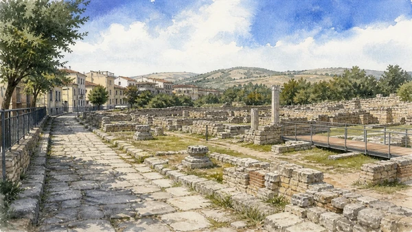 Larino and Lower Molise: Complete Guide 4 Original documentary watercolour of Larinum streets and houses: the city beyond the arena in Larino and Lower Molise · Molise, showing accurate architecture, landscape and present-day use