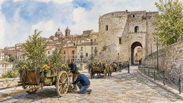 Larino and Lower Molise: Complete Guide 7 Original documentary watercolour of The Carrese of San Pardo: carts, flowers and collective labour in Larino and Lower Molise · Molise, showing accurate architecture, landscape and present-day use