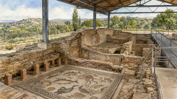 Larino and Lower Molise: Complete Guide 3 Original documentary watercolour of The baths and mosaics: marine imagery in an inland town in Larino and Lower Molise · Molise, showing accurate architecture, landscape and present-day use