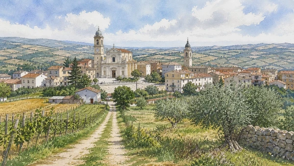 Larino and Lower Molise: Complete Guide 11 Original documentary watercolour of Ururi and Portocannone: Arbëreshë communities in working farmland in Larino and Lower Molise · Molise, showing accurate architecture, landscape and present-day use
