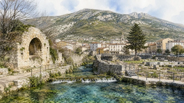The Matese: Complete Guide 2 Original documentary watercolour of Bojano and the Biferno springs: water below the mountain in The Matese and southern Molise · Molise, showing accurate architecture, landscape and present-day use