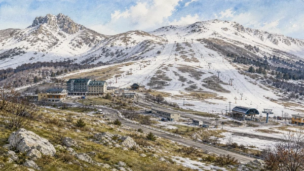 The Matese: Complete Guide 4 Original documentary watercolour of Campitello Matese: a modern resort on an ancient plateau in The Matese and southern Molise · Molise, showing accurate architecture, landscape and present-day use
