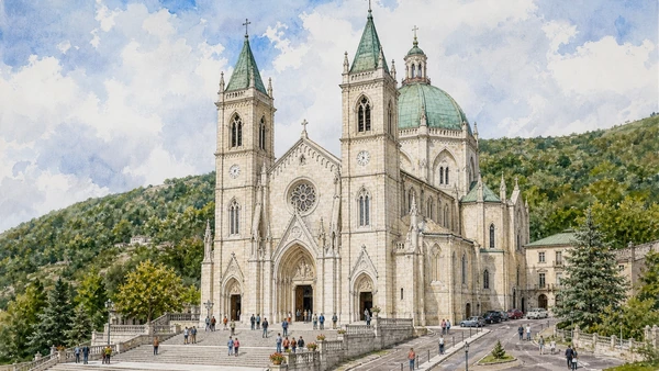 The Matese: Complete Guide 9 Original documentary watercolour of Castelpetroso sanctuary: nineteenth-century devotion in a mountain landscape in The Matese and southern Molise · Molise, showing accurate architecture, landscape and present-day use