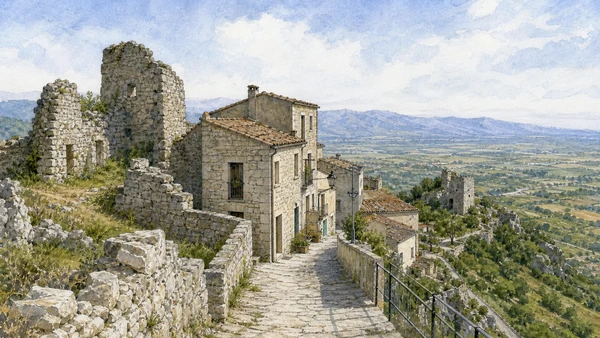 The Matese: Complete Guide 3 Original documentary watercolour of Civita Superiore: the older settlement above Bojano in The Matese and southern Molise · Molise, showing accurate architecture, landscape and present-day use