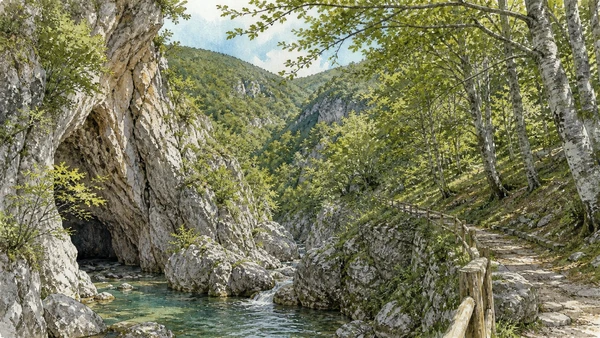 The Matese: Complete Guide 6 Original documentary watercolour of Guardiaregia–Campochiaro reserve: gorges, caves and beech forest in The Matese and southern Molise · Molise, showing accurate architecture, landscape and present-day use