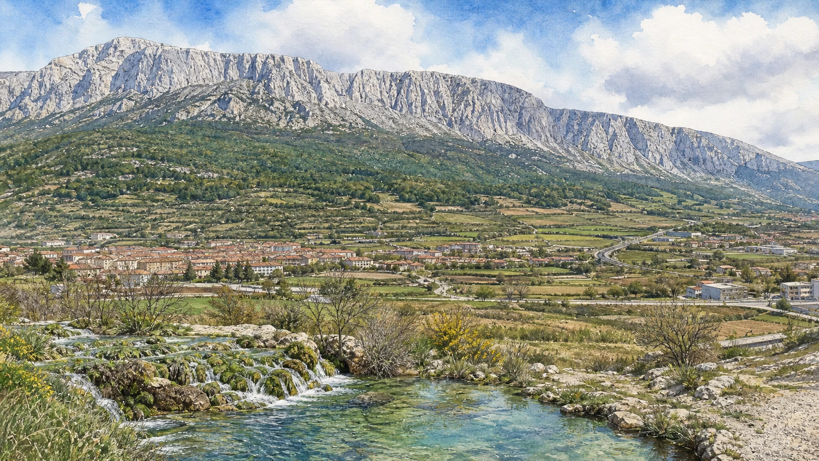 The Matese: Complete Guide 1 Original documentary watercolour panorama for The Matese: Complete Guide, with accurate Molisian architecture, landscape and lived context