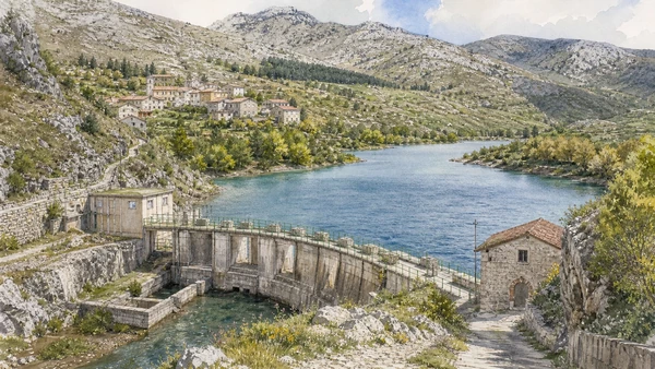The Matese: Complete Guide 11 Original documentary watercolour of The southern lakes and villages: managed water across the massif in The Matese and southern Molise · Molise, showing accurate architecture, landscape and present-day use