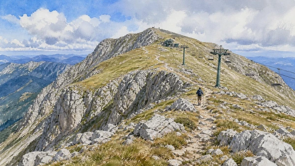 The Matese: Complete Guide 5 Original documentary watercolour of Monte Miletto: the massif’s highest ridge in The Matese and southern Molise · Molise, showing accurate architecture, landscape and present-day use