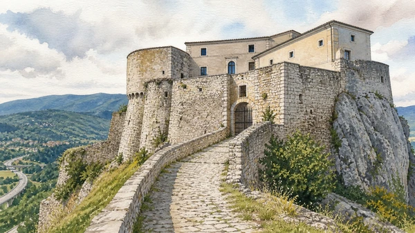 The Matese: Complete Guide 10 Original documentary watercolour of Castello Pignatelli at Monteroduni: a watch point over the Volturno road in The Matese and southern Molise · Molise, showing accurate architecture, landscape and present-day use