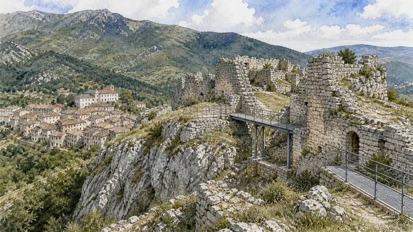The Matese: Complete Guide 8 Original documentary watercolour of Roccamandolfi Castle: ruins above an inhabited mountain town in The Matese and southern Molise · Molise, showing accurate architecture, landscape and present-day use