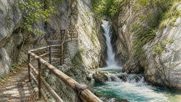 The Matese: Complete Guide 7 Original documentary watercolour of San Nicola waterfall: water in a narrow gorge in The Matese and southern Molise · Molise, showing accurate architecture, landscape and present-day use