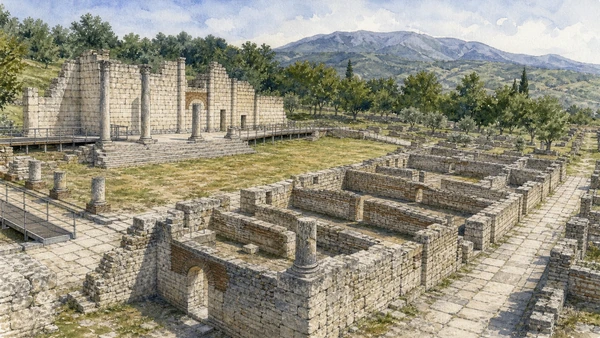 Sepino and Saepinum: Complete Guide 5 Original documentary watercolour of The basilica and macellum: law beside exchange in Sepino, Saepinum and the Tammaro · Molise, showing accurate architecture, landscape and present-day use
