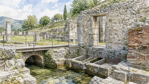 Sepino and Saepinum: Complete Guide 7 Original documentary watercolour of Baths and water: infrastructure behind urban comfort in Sepino, Saepinum and the Tammaro · Molise, showing accurate architecture, landscape and present-day use