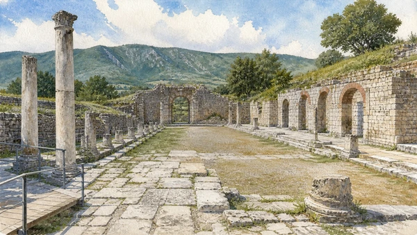 Sepino and Saepinum: Complete Guide 4 Original documentary watercolour of The forum: civic space without an imagined crowd in Sepino, Saepinum and the Tammaro · Molise, showing accurate architecture, landscape and present-day use