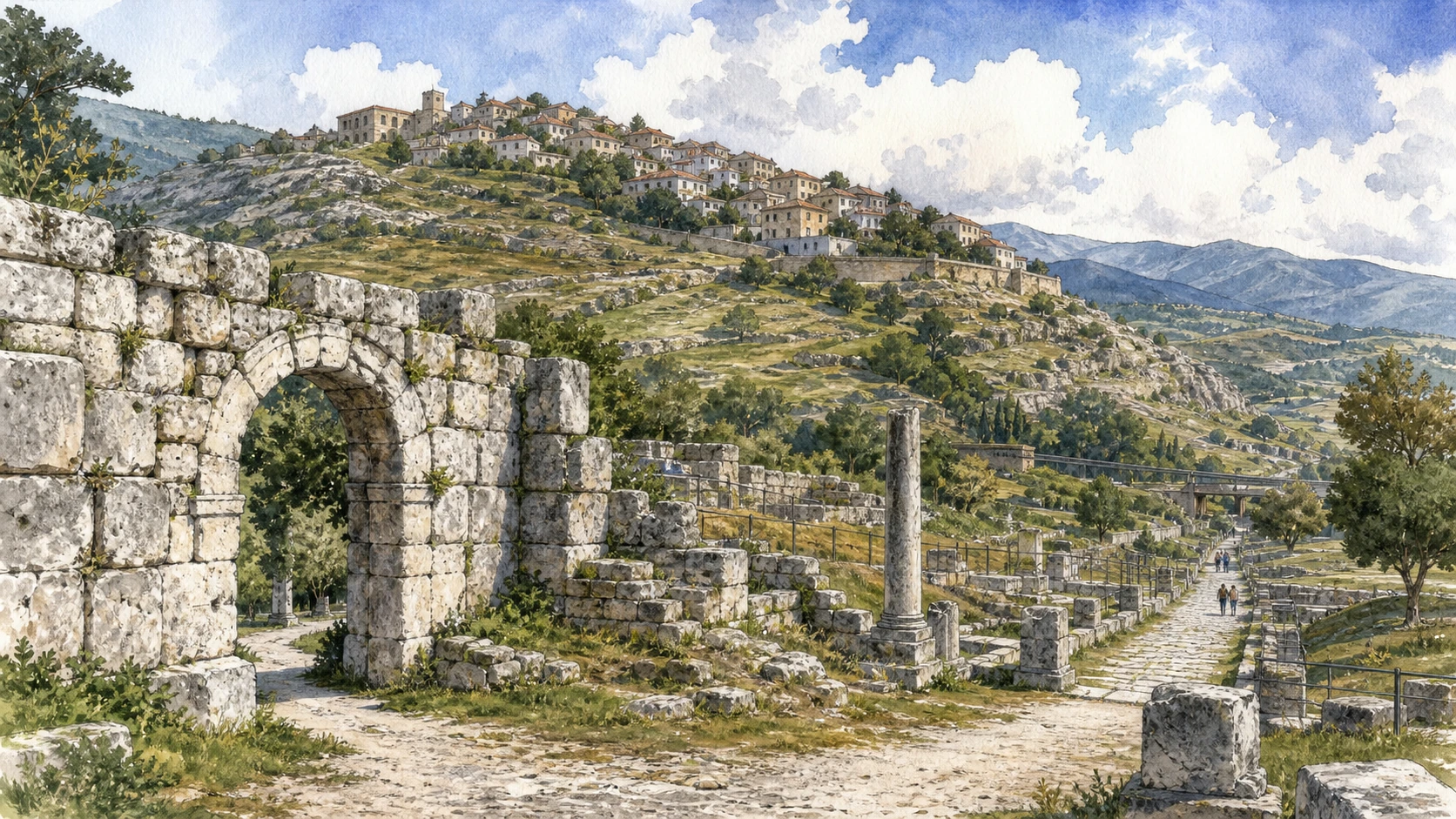 Sepino and Saepinum: Complete Guide 1 Original documentary watercolour panorama for Sepino and Saepinum: Complete Guide, with accurate Molisian architecture, landscape and lived context